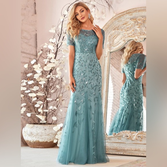 🆕 Floral Sequin Print Maxi Long Fishtail Formal Dresses With Half Sleeve - Picture 1 of 3